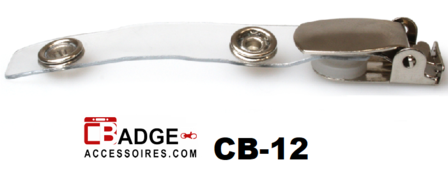 Badgeclip open met metalen bretel en flexibel helder vinyl bandje met stevige drukknoopsluiting