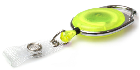 Platte kunststof design jojo (transparant) met karabijnhaak en riemclip op achterzijde en versterkt bandje transp. geel