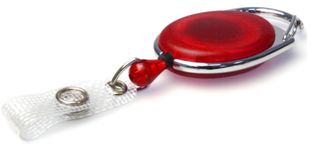 Platte kunststof design jojo (transparant) met karabijnhaak en riemclip op achterzijde en versterkt bandje transp.rood