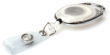 Platte kunststof design jojo (transparant) met karabijnhaak en riemclip op achterzijde en versterkt bandje transp.wit