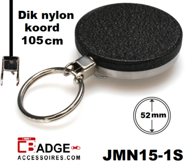 Metaal jojo Maxi (52 x 10) voorzien van een 105 cm dik nylon koord en sleutelring  zwart/chroom