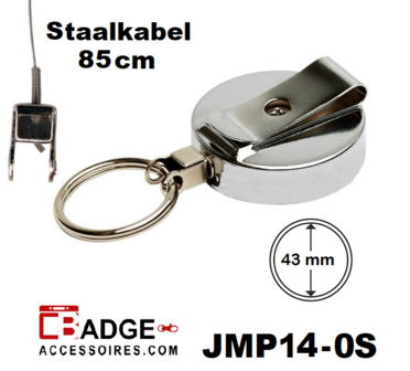 Metaal jojo Pro 43 x 10 mm , stevige riemclip achterzijde sleutelring en 85 cm staalkabel geheel chroom