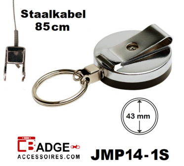 Metaal jojo Pro 43 x 10 mm , stevige riemclip achterzijde sleutelring en 85 cm staalkabel zwart/chroom achterzijde