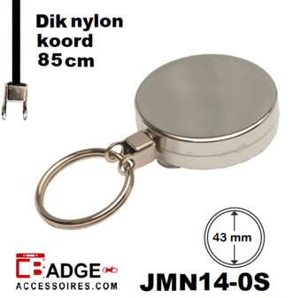 Metaal jojo Pro 43 x 10 mm , stevige riemclip achterzijde sleutelring en 85 cm dik nylon koord geheel chroom