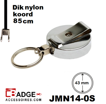 Metaal jojo Pro 43 x 10 mm , stevige riemclip achterzijde sleutelring en 85 cm dik nylon koord geheel chroom achterzijde