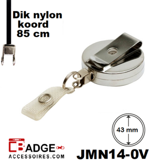 Metaal jojo Pro 43 x 10 mm , stevige riemclip achterzijde sleutelring en 85 cm dik nylon koord chroom achterzijde