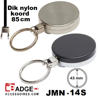 Metaal jojo Pro 43 x 10 mm , stevige riemclip achterzijde sleutelring en 85 cm dik nylon koord