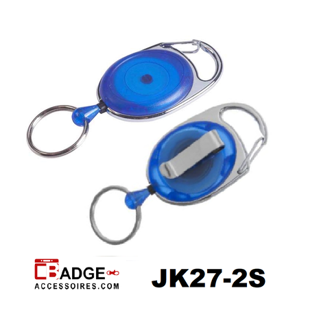Karabijn jojo voorzien van riemclip op achterzijde en sleutelring doorzichtig blauw