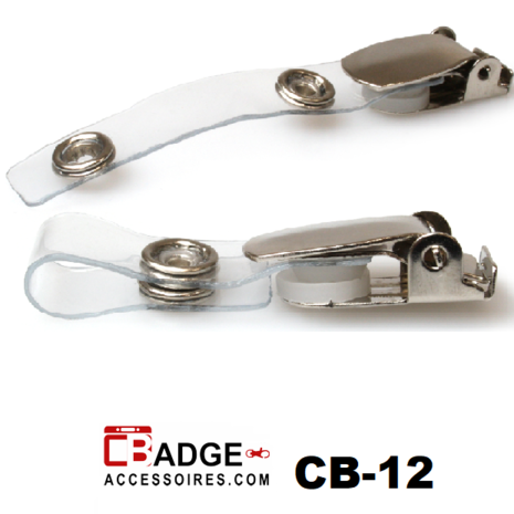 Badgeclip voorzien metalen bretel en flexibel helder vinyl bandje met stevige drukknoopsluiting