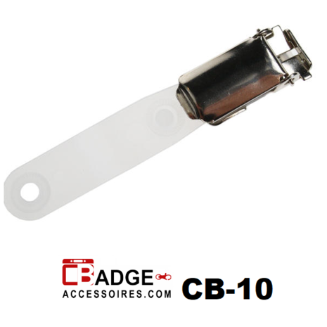 Standaard (badge) clip voorzien van metalen (bretel)clip en mat transparant nylon bandje met kunststof drukknoopsluiting