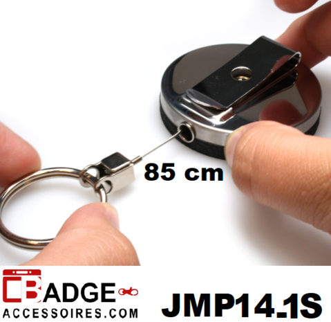 Metaal jojo Pro (43 x10 mm), stevige riemclip achterzijde, 30 mm. sleutelring, zwart/chroom voorzien van 85 cm. staalkabeltje