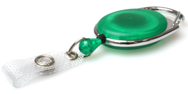 Platte kunststof design jojo (transparant) met karabijnhaak en riemclip op achterzijde en versterkt bandje transp.groen