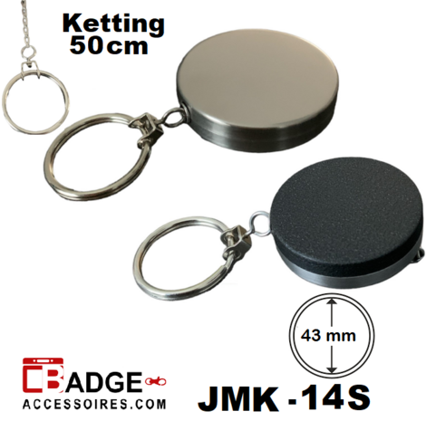 Metalen jojo (43 x 10 mm) met 50 cm ketting, 30 mm sleutelring en een brede stevige riemclip op de chromen achterzijde.