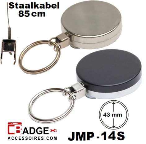 Metaal jojo Pro 43 x 10 mm , stevige riemclip achterzijde sleutelring en 85 cm staalkabel