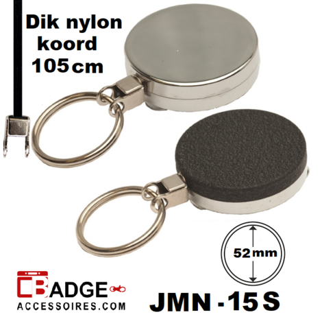 Metaal jojo Maxi (52 x 10) voorzien van een 105 cm dik nylon koord en sleutelring 