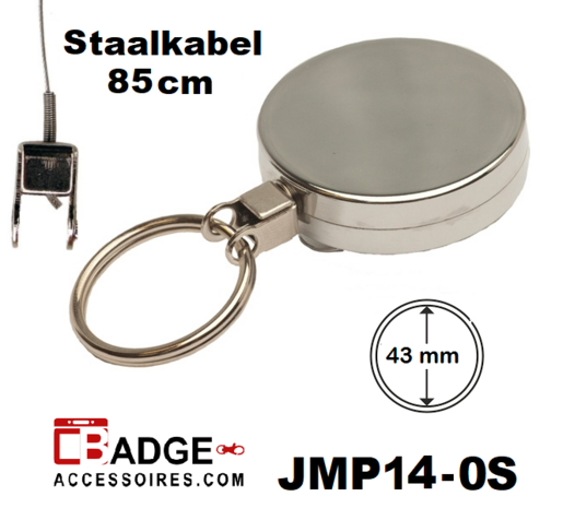 Metaal jojo Pro 43 x 10 mm , stevige riemclip achterzijde sleutelring en 85 cm staalkabel geheel chroom