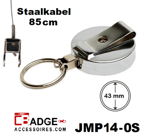 Metaal jojo Pro 43 x 10 mm , stevige riemclip achterzijde sleutelring en 85 cm staalkabel geheel chroom