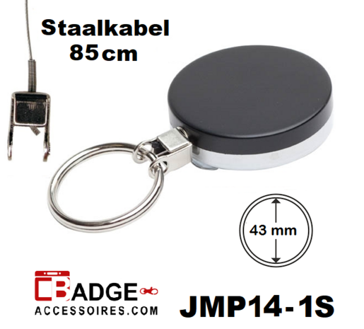 Metaal jojo Pro 43 x 10 mm , stevige riemclip achterzijde sleutelring en 85 cm staalkabel