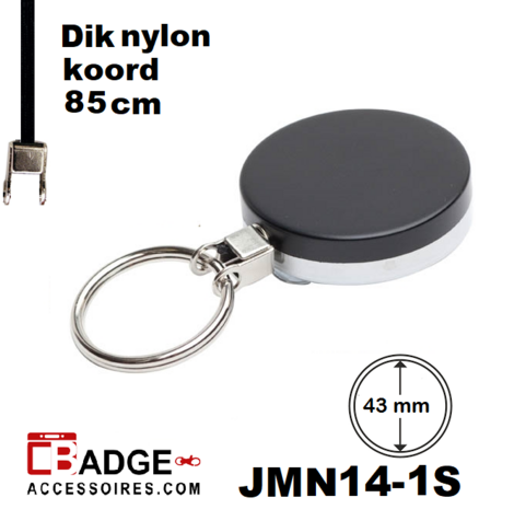 Metaal jojo Pro 43 x 10 mm , stevige riemclip achterzijde sleutelring en 85 cm dik nylon koord zwart/chroom