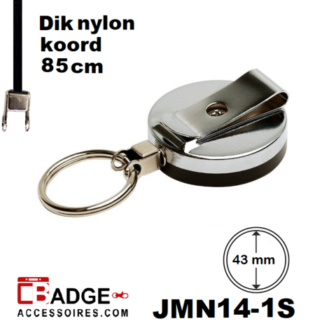 Metaal jojo Pro 43 x 10 mm , stevige riemclip achterzijde sleutelring en 85 cm dik nylon koord zwart/chroom achterzijde