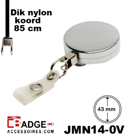 Metaal jojo Pro 43 x 10 mm , stevige riemclip achterzijde sleutelring en 85 cm dik nylon koord chroom 