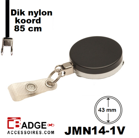 Metaal jojo Pro 43 x 10 mm , stevige riemclip achterzijde sleutelring en 85 cm dik nylon koord zwart/chroom 