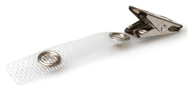 Badgeclip voorzien van krokodillen knijper clipje en een vezel versterkt bandje met stevige druksluiting