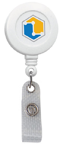 Kunststof jojo riemclip voorzien van logo sticker met extra gelamineerde laag